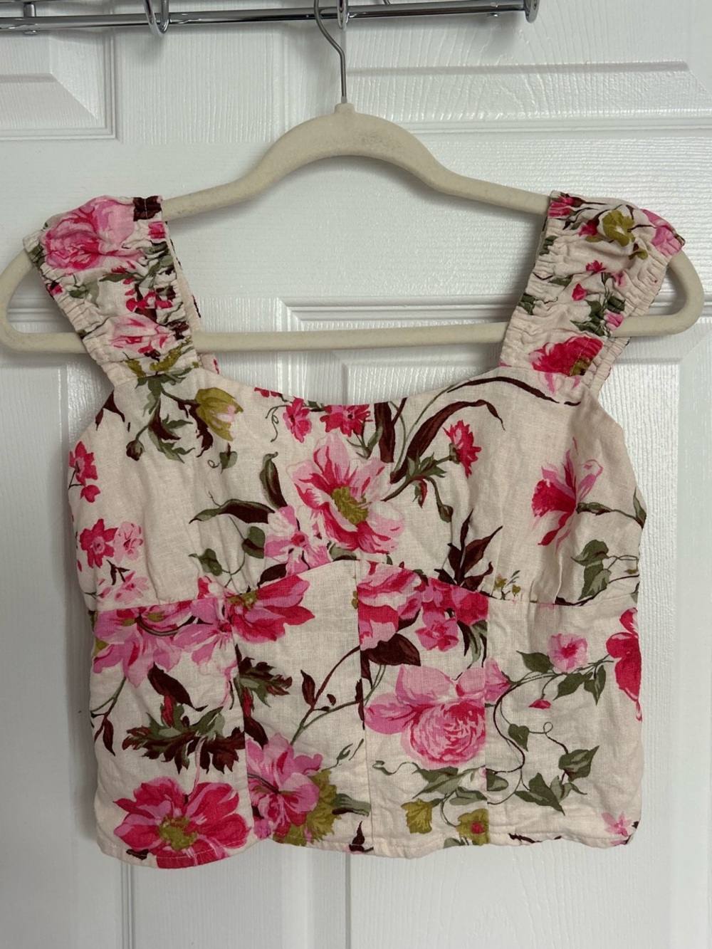 Abercrombie & Fitch Floral Pink Linen-Blend Square Neck Crop Top Size Small